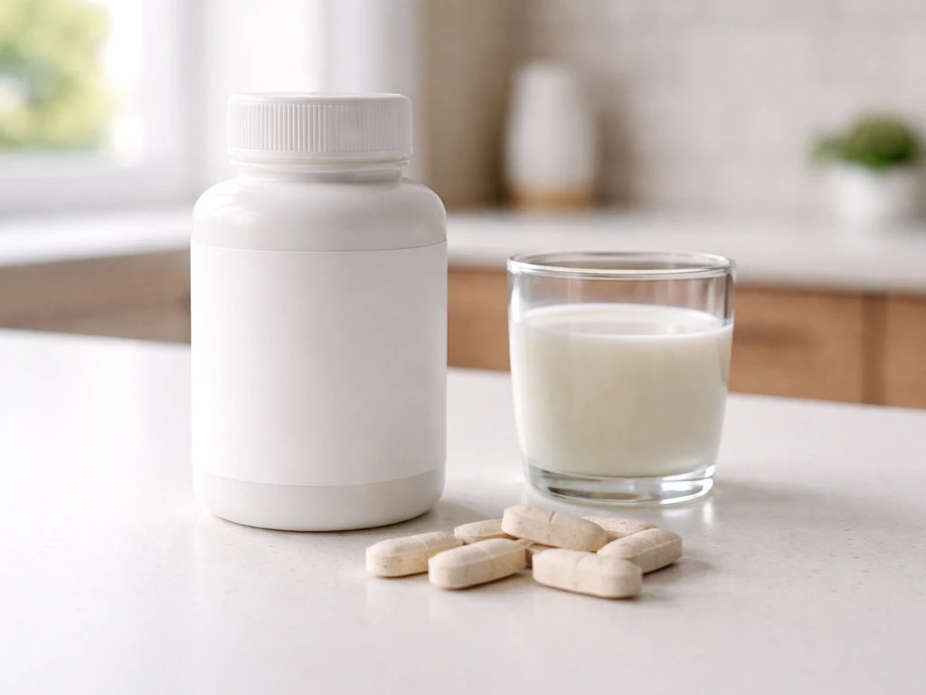 Closeup of a calcium supplement bottle with a glass of milk and scattered tablets on a simple table
