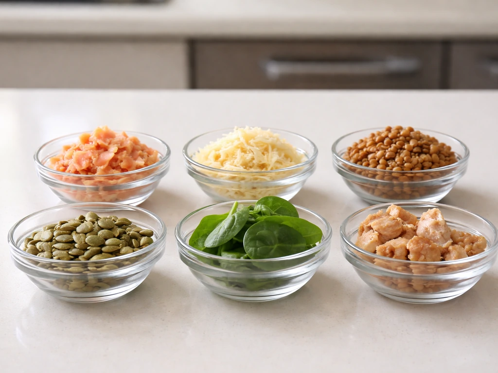 Six small bowls of growth-related foods arranged in a minimal side-by-side comparison on a kitchen counter.