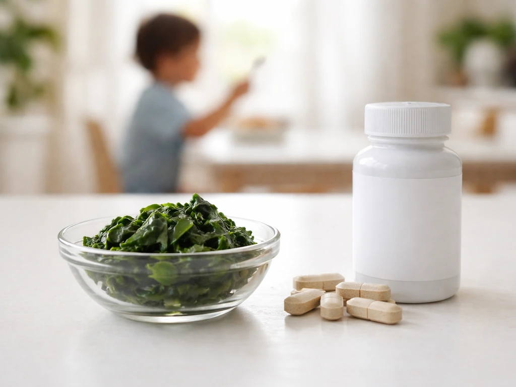 Iron-rich greens and a supplement bottle on a kitchen table, with a blurred child silhouette in the background.