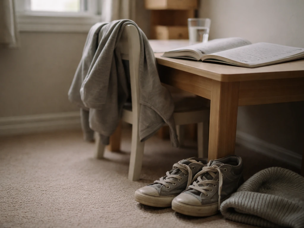 Minimal bedroom desk scene with school items and muted colors suggesting a child’s fatigue