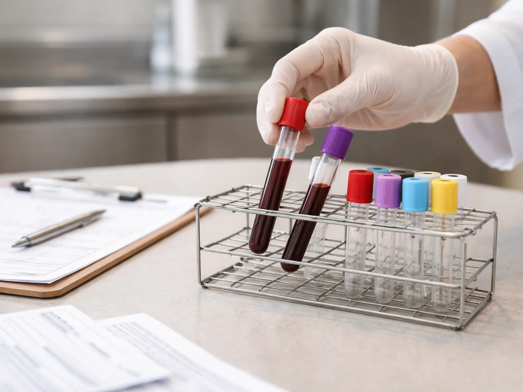 Close-up of a clinician’s hands placing blood test tubes into a small rack beside lab notes