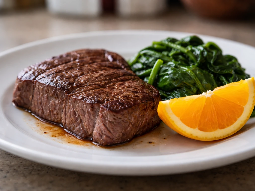 Close-up of lean beef with spinach and an orange wedge for vitamin C alongside.