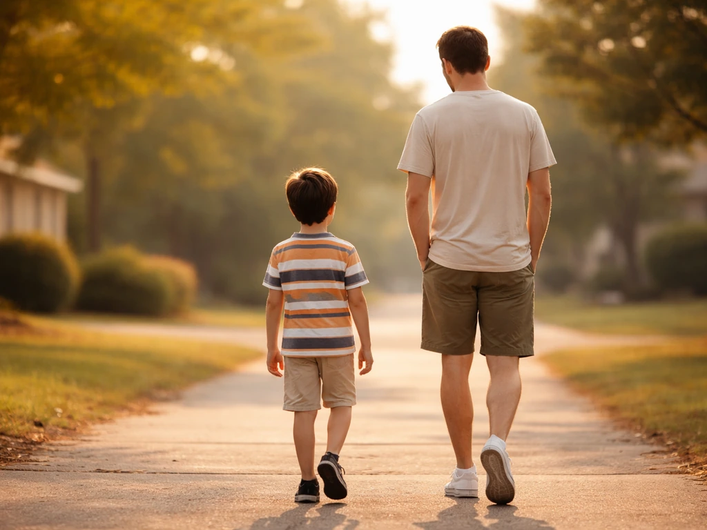 Child and adult walking side-by-side on a sidewalk, highlighting posture and height perception.