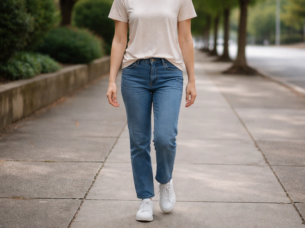 Anonymous adult walking with upright posture on a quiet sidewalk, showing neutral spine and steady gait.