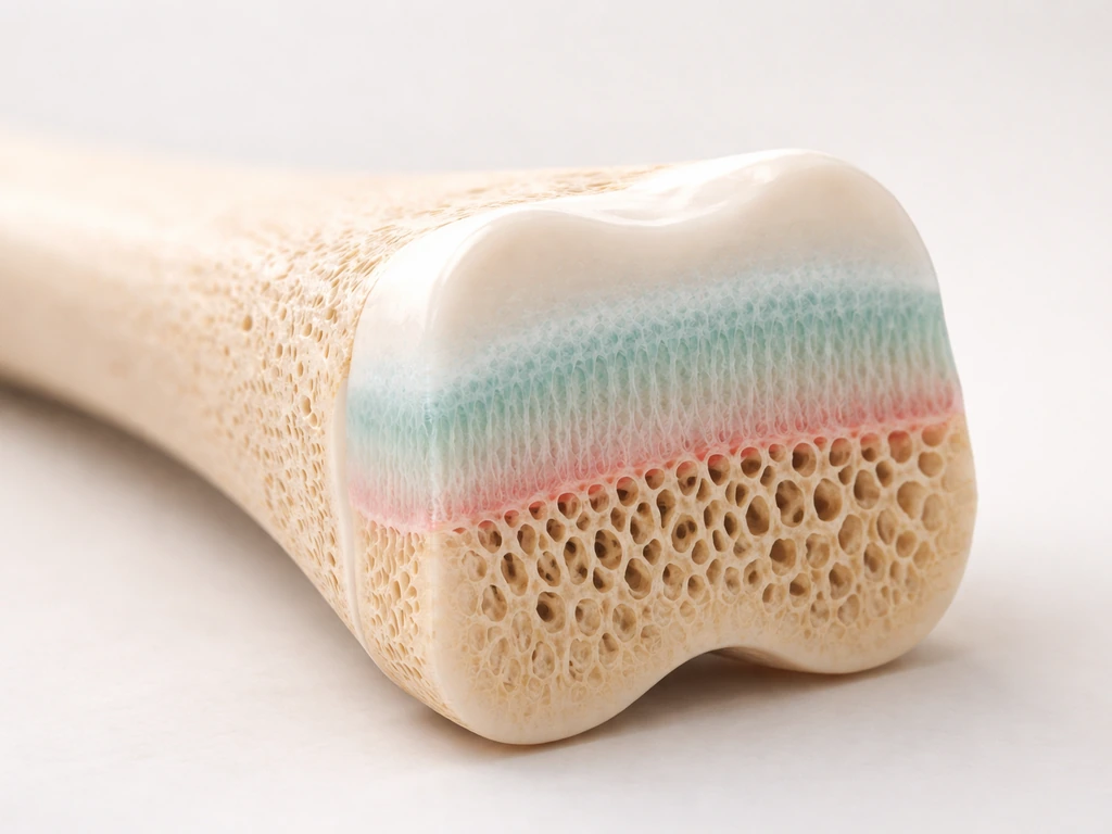 Realistic 3D-style view of long bone ends showing growth plate cartilage zones where height increases.