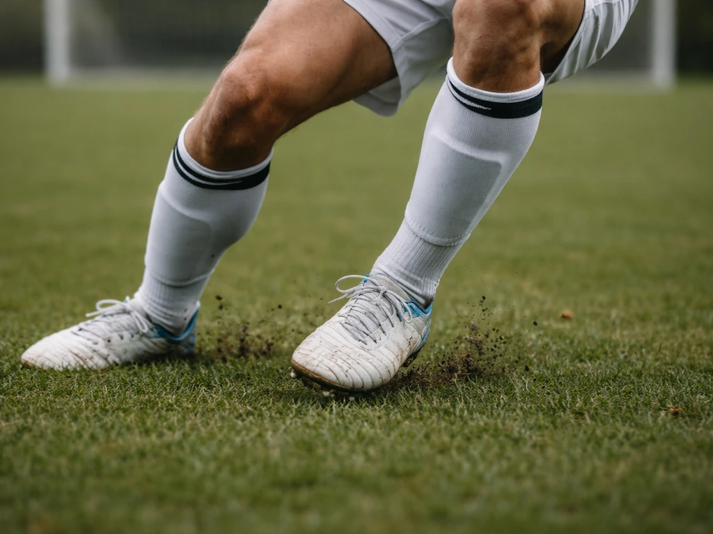 Soccer player’s cleats and legs capturing a jump landing on grass, showing impact and stable posture.