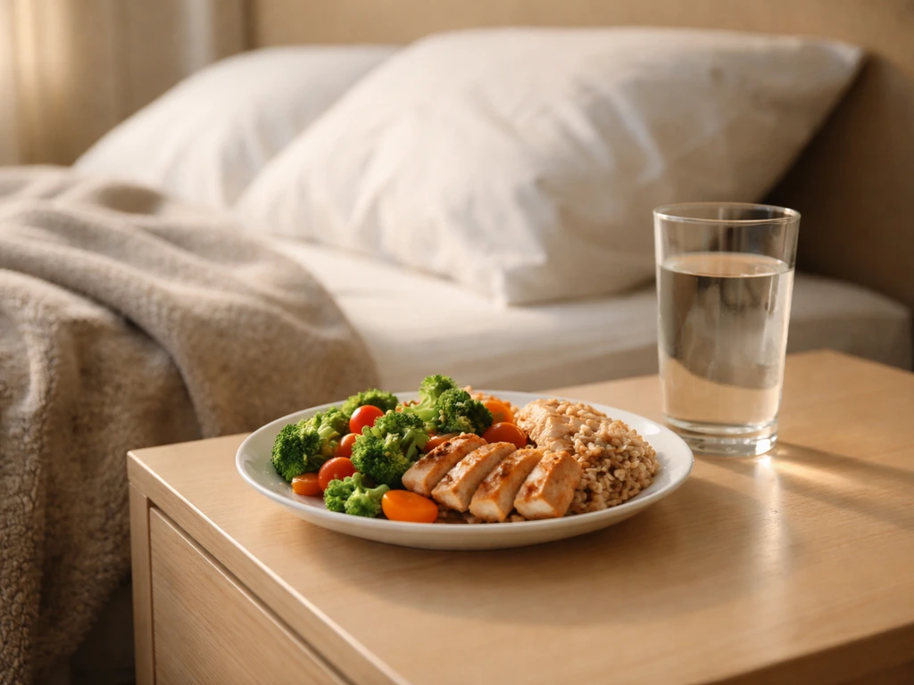 Close photo of a healthy athlete meal, water, and a calm sleep-ready setup suggesting recovery