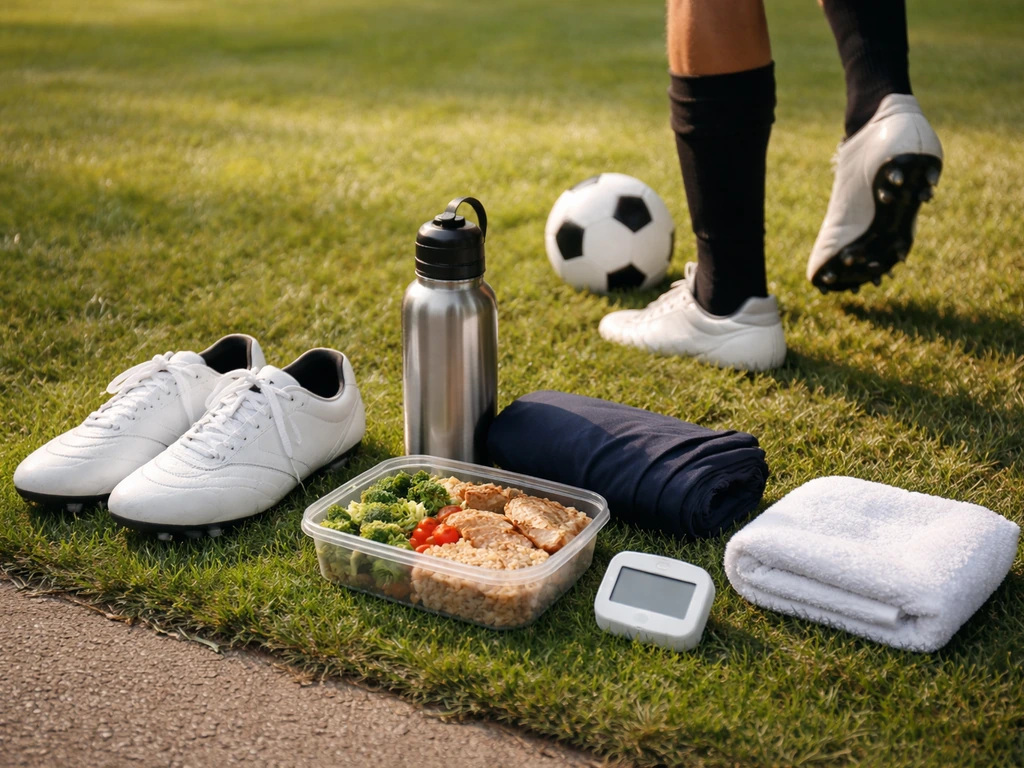 Young soccer cleats and ball beside meal-prep food containers, water, and a sleep timer device cues.