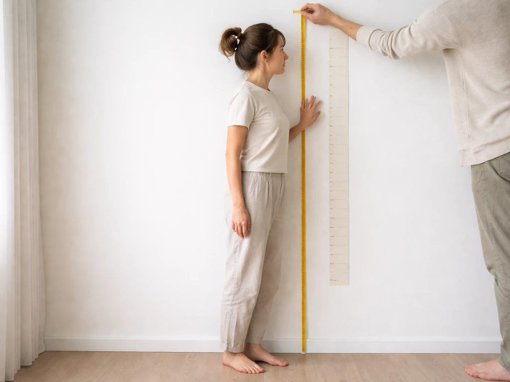 Person standing by a wall as height is measured next to a simple, text-free growth chart.