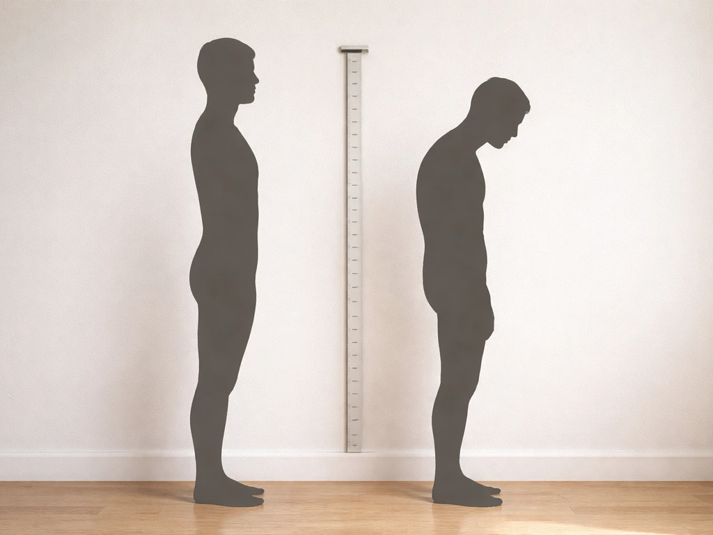 Side-by-side neutral vs slouched posture silhouettes showing a lower apparent height on a blank wall scale.