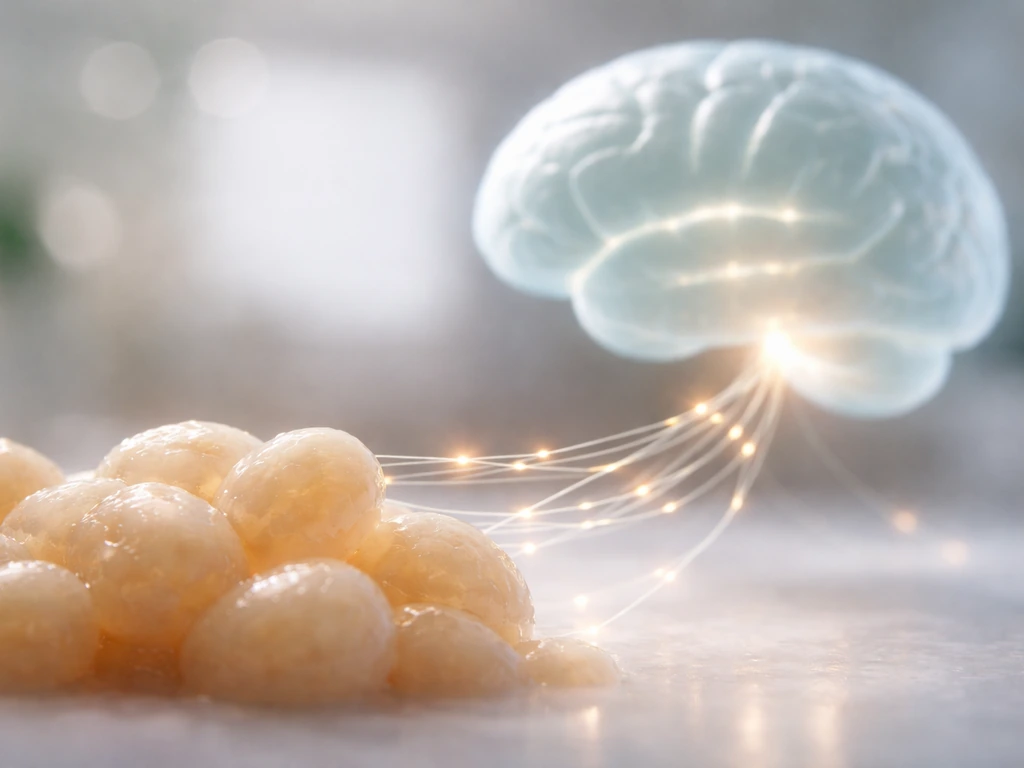 Soft translucent fat tissue with faint glowing strands leading toward a minimalist brain silhouette.