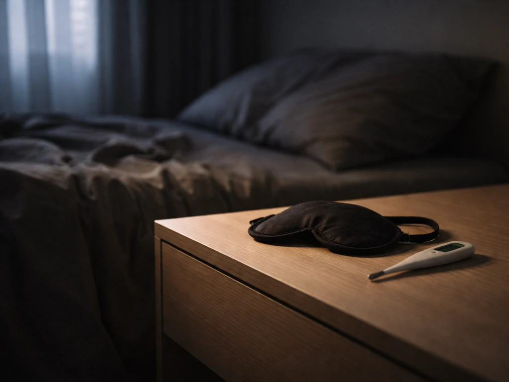 Dim bedroom with a bedside sleep mask and dark, calm atmosphere suggesting uninterrupted deep sleep.