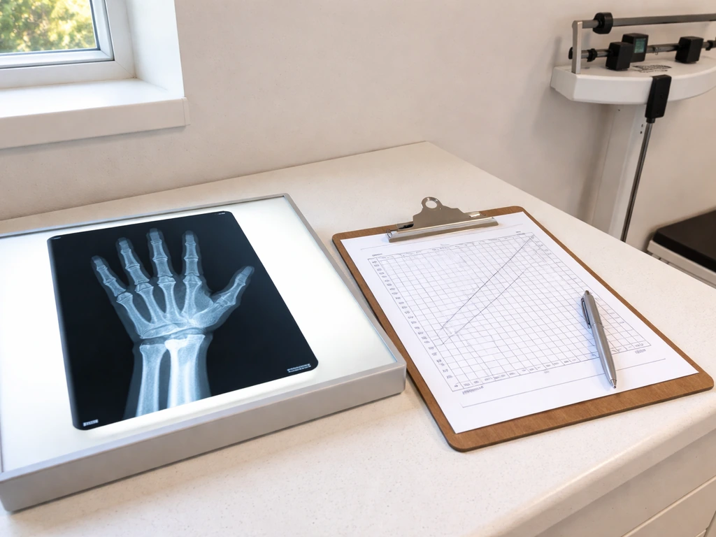 Clinic tabletop showing a bone age X-ray on a lightbox beside growth assessment tools.
