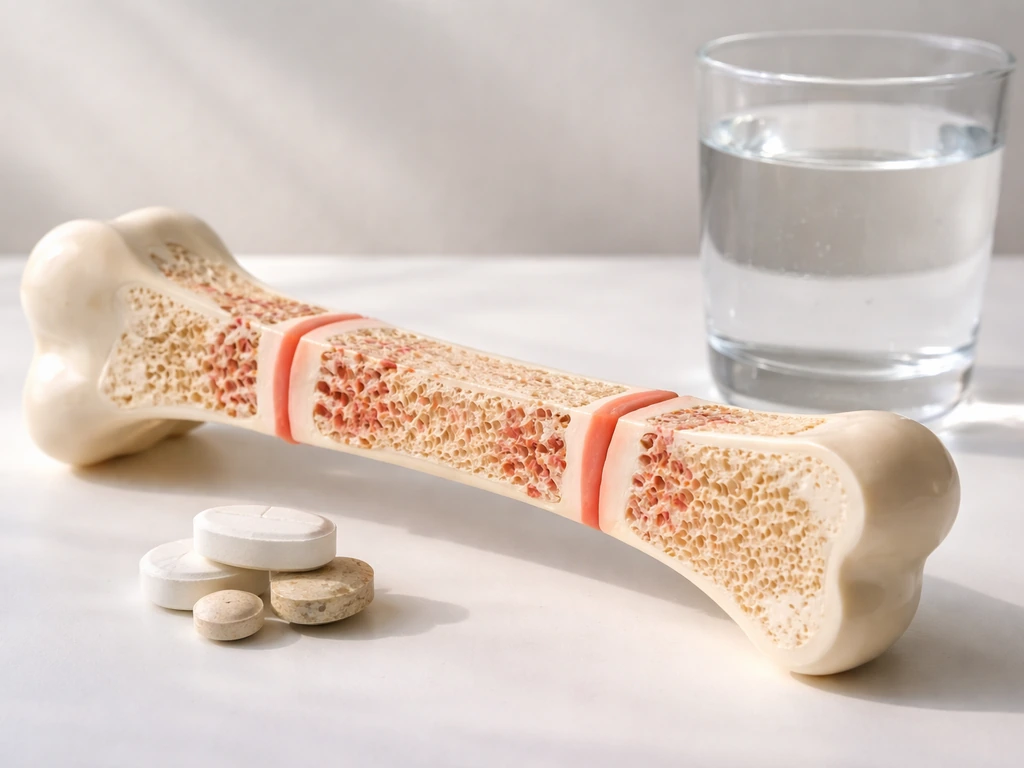 Macro photo of a long-bone model with highlighted growth plate areas and a glass of water nearby.
