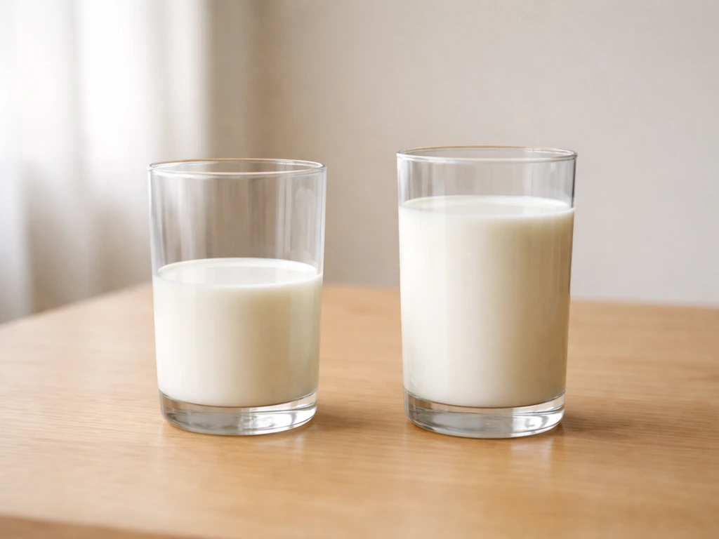 Minimal evidence-style photo showing two simple glass of milk with different pour levels on a clean table