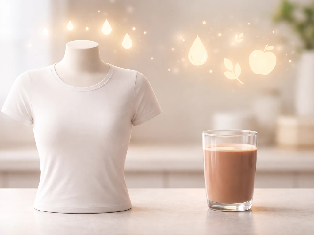 Clothed mannequin beside chocolate milk with subtle hormone vs nutrition symbolism in soft light.