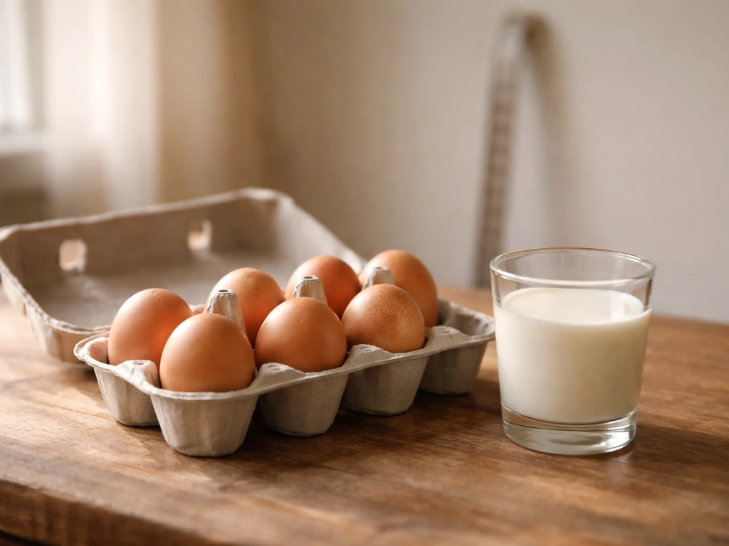 Close-up of eggs in a carton and a glass of milk with a soft-focus measuring tape for height.
