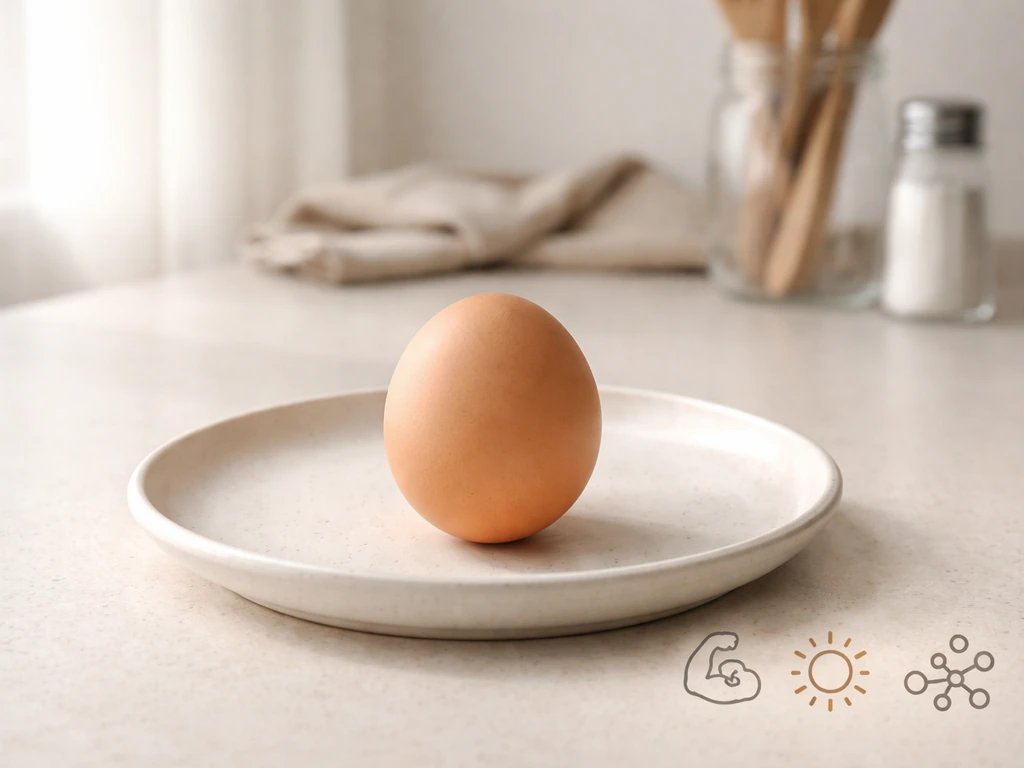 A single large egg on a simple plate beside a small nutrition icon set (protein, vitamin D, choline).