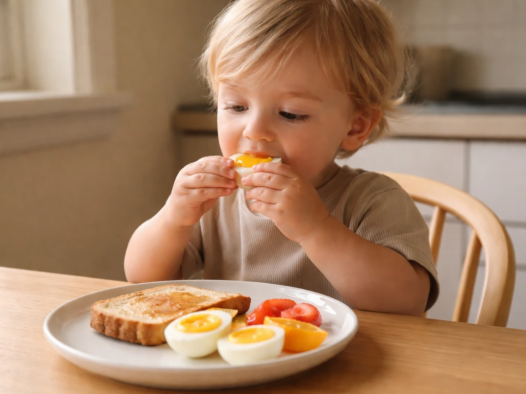 Toddler eating hard-boiled egg halves with toast and fruit at a simple breakfast table.