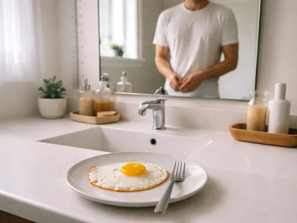 Teen in a bright bathroom at a mirror with a height-measure tape and an egg breakfast on the counter.