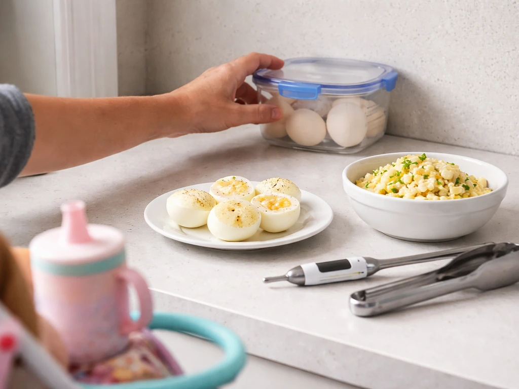 Kitchen counter with raw egg kept out of reach and cooked eggs with a thermometer and utensil.
