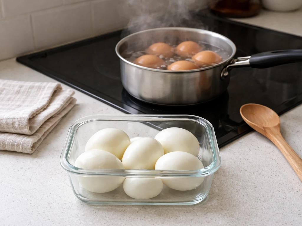 Hard-boiled eggs batch cooking in a pot, then peeled eggs in a simple container for easy snack prep