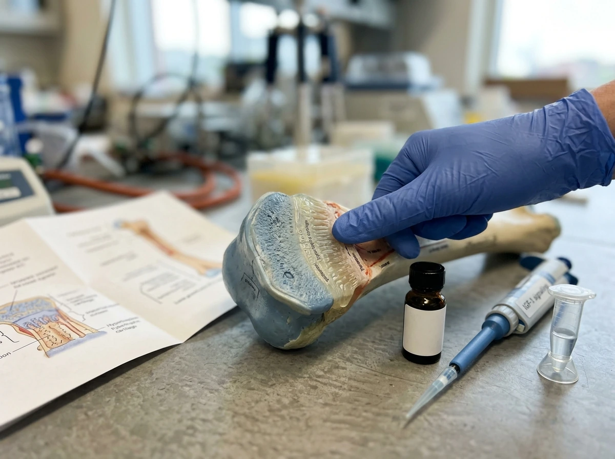 Lab-style close-up of a growth plate model showing cartilage layers