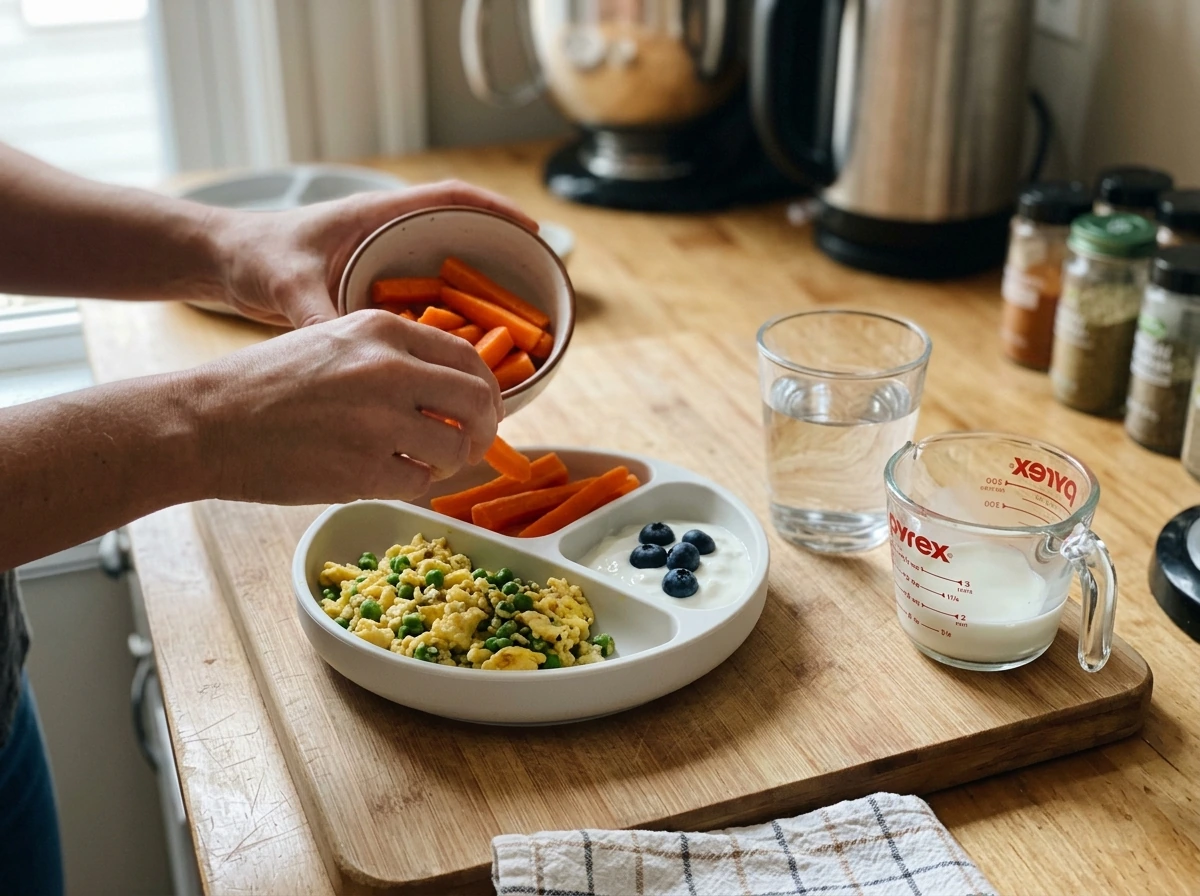 Balanced meal prep with protein, calcium foods, and fruits/vegetables