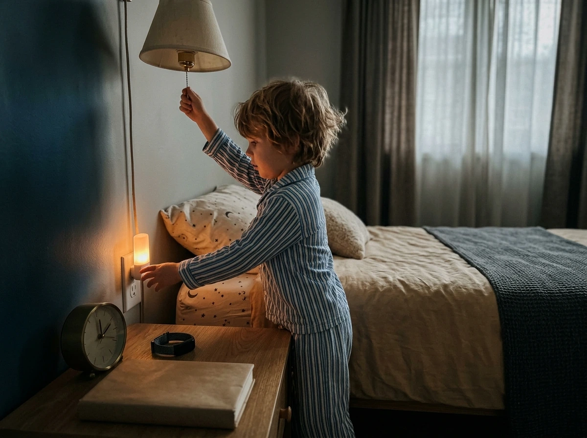 Child at bedtime turning off a lamp with a clock and tracker nearby