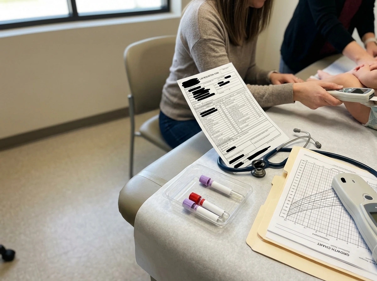 Clinic exam setup with pediatric measurement tools and blank lab requisitions