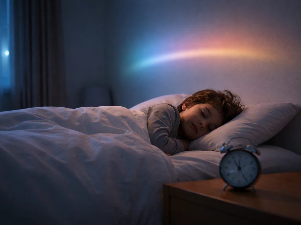 Sleeping child in a quiet bedroom at night with soft timed light cues suggesting growth hormone pulse during sleep.