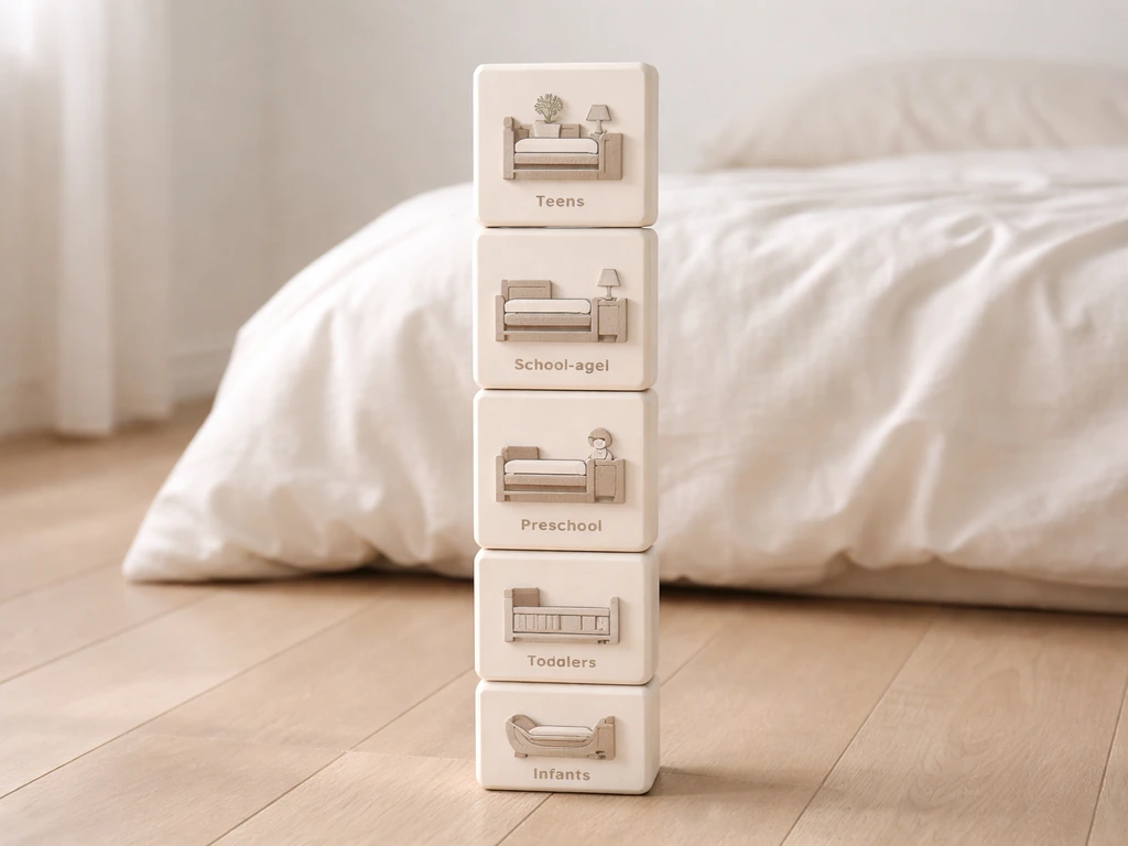 Minimal age ladder stack showing sleep needs from infants to teens with bedroom icon styling.