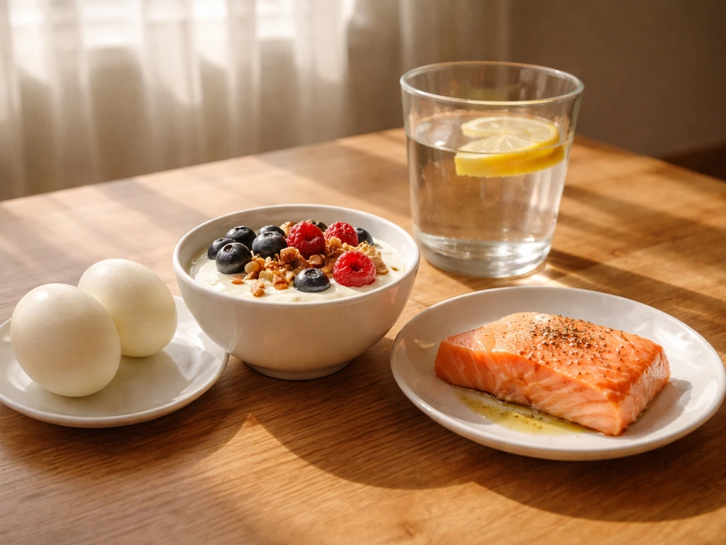 Minimal breakfast setup with protein-rich foods and warm daylight rays suggesting vitamin D support