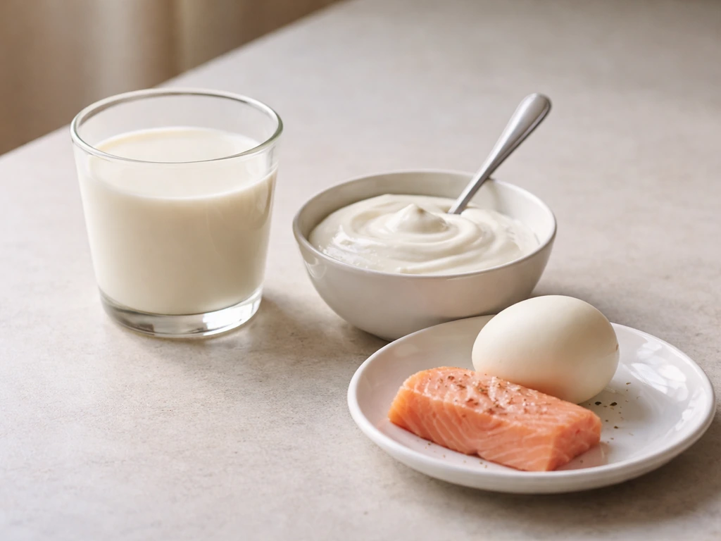 Glass of fortified milk with yogurt and a hard-boiled egg plus a small salmon portion on a clean counter.