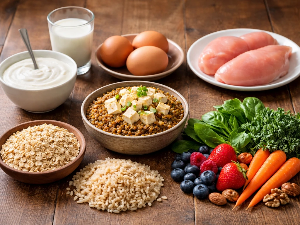 Neatly arranged foods on a wooden table: dairy, eggs/meat, legumes/tofu, whole grains, and colorful produce.