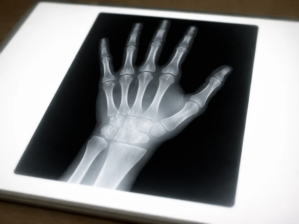 Closeup of a left hand/wrist bone age X-ray on a lightbox, growth plate area in clear view.