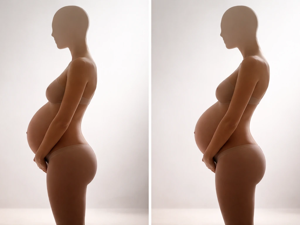 Side-by-side anonymous pregnant torso silhouettes showing a posture shift with upper kyphosis and lower lordosis.