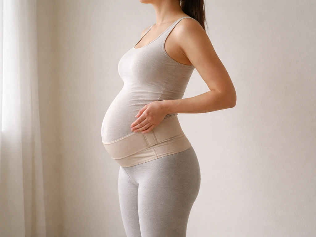 Pregnant woman in a simple studio adjusting a supportive pregnancy belt while standing tall with good posture.