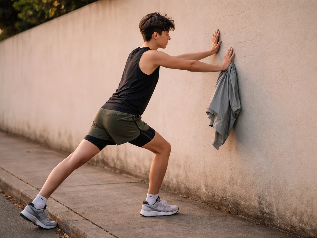 Young runner stretching outdoors, with subtle height markers on a wall in the background