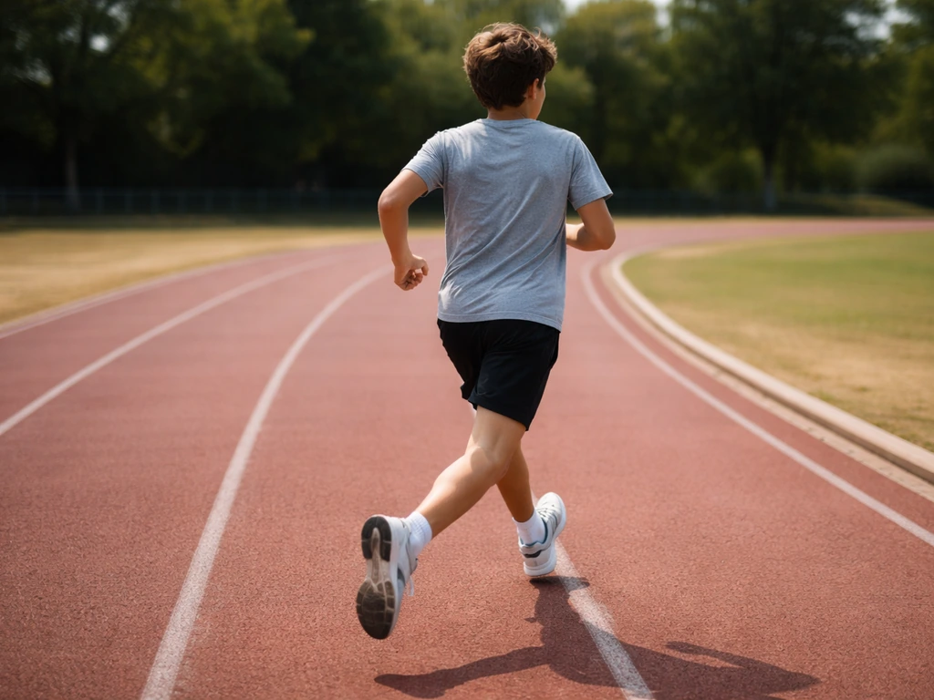Teen running on a track, focused motion suggesting active growth during childhood and teen years.