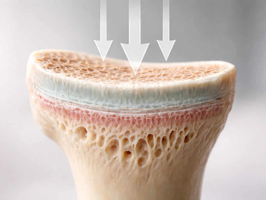 Close-up of a long bone epiphyseal growth plate with arrows showing downward impact loading.