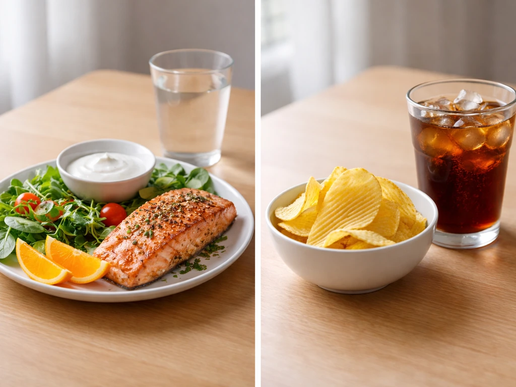 Two side-by-side plates: nutrient-rich foods vs low-nutrient chips and sugary drink on a wooden table.