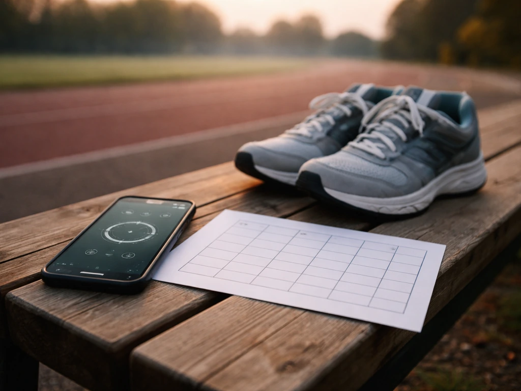 Smartphone timer, running shoes, and a blank weekly schedule sheet on a bench by a quiet track.