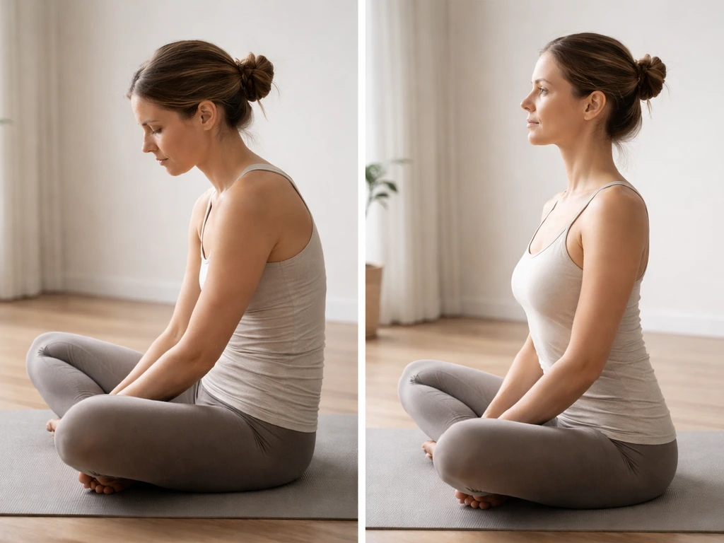 Adult in simple room straightens posture with open chest and aligned shoulders for thoracic and lumbar support