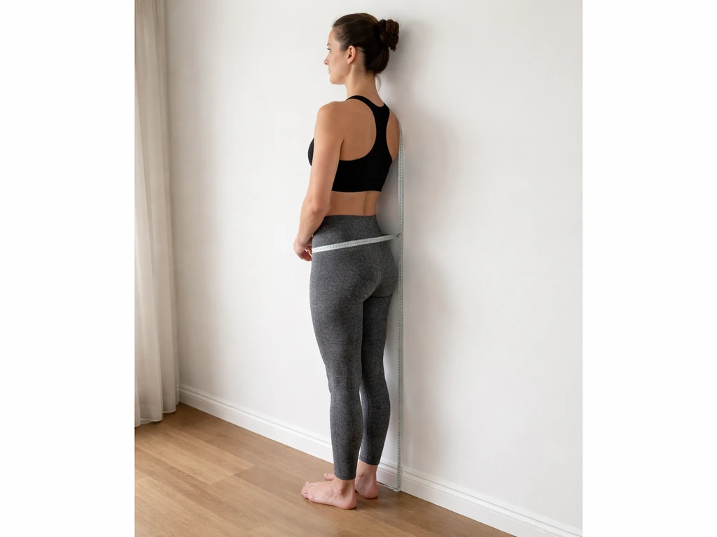 Person standing against a wall for a posture wall test with a tape measure by the lower-back gap