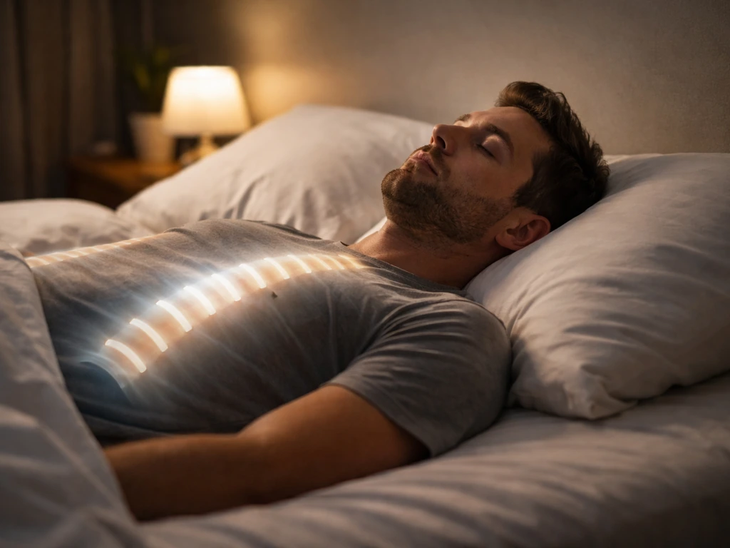 Person lying still on a bed at night with a subtle soft glow suggesting spinal decompression