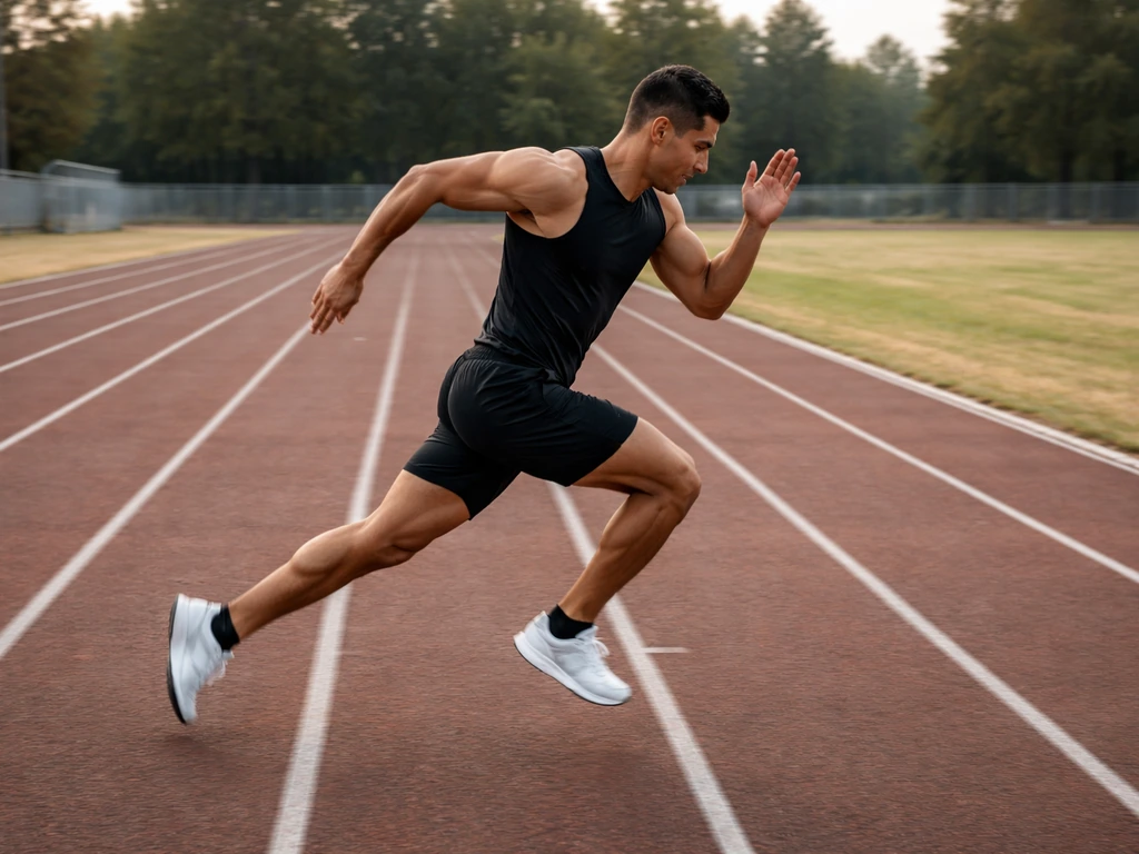 Anonymous runner mid-stride doing controlled sprints on an empty track.