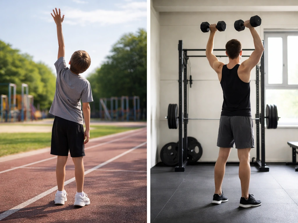 Split scene showing a child stretching outdoors and an adult in a gym, suggesting growth stages