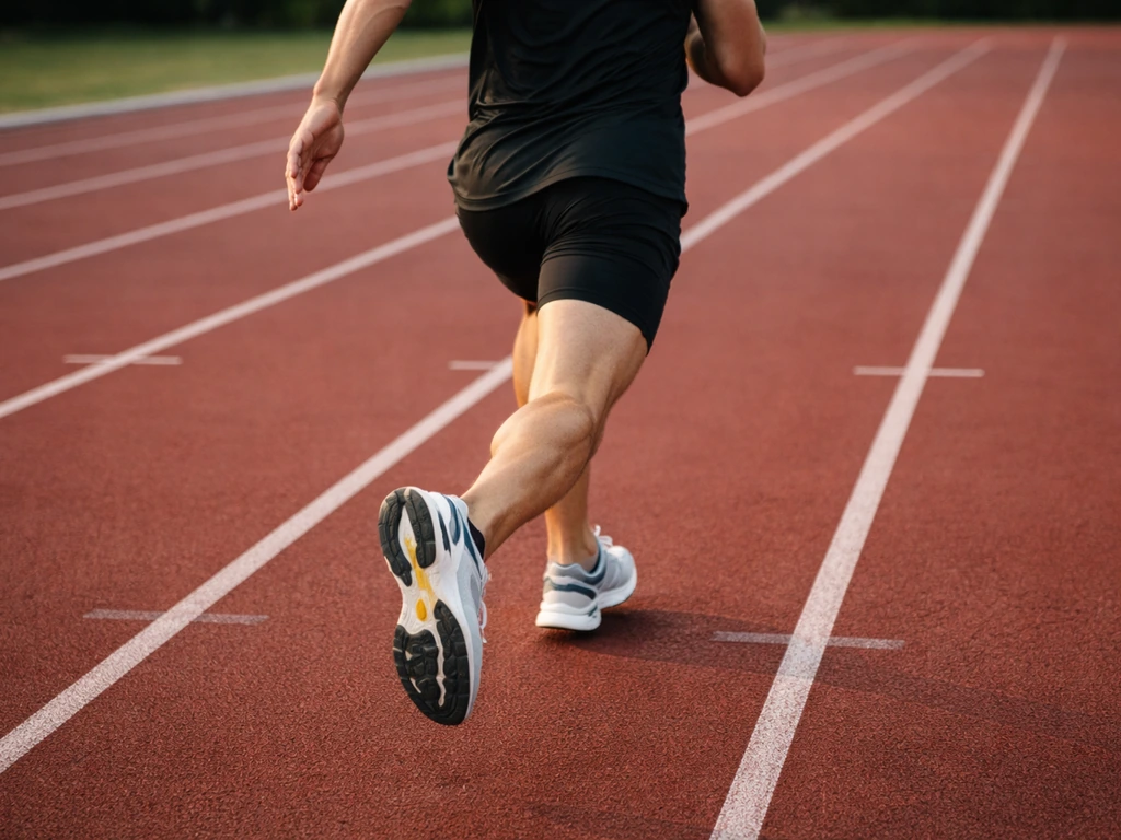 Anonymous sprinter mid-stride on a flat track with well-cushioned running shoes and clear workout space