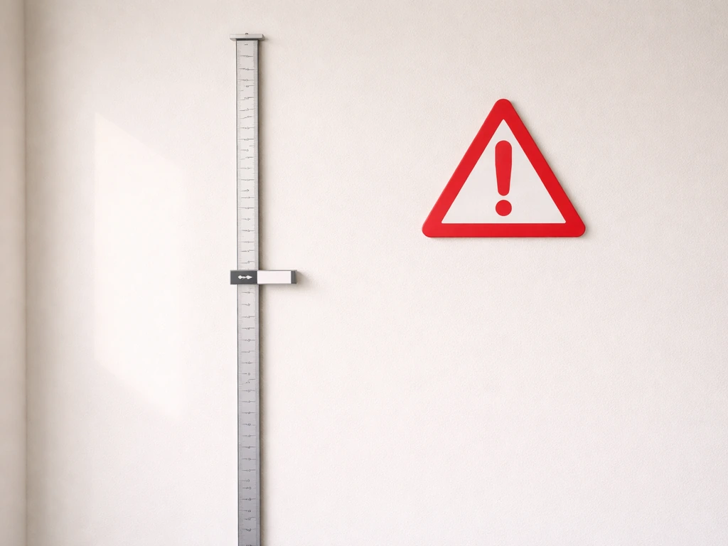 Height-measuring wall scale with a caution sign, showing steroids won’t make adults taller.